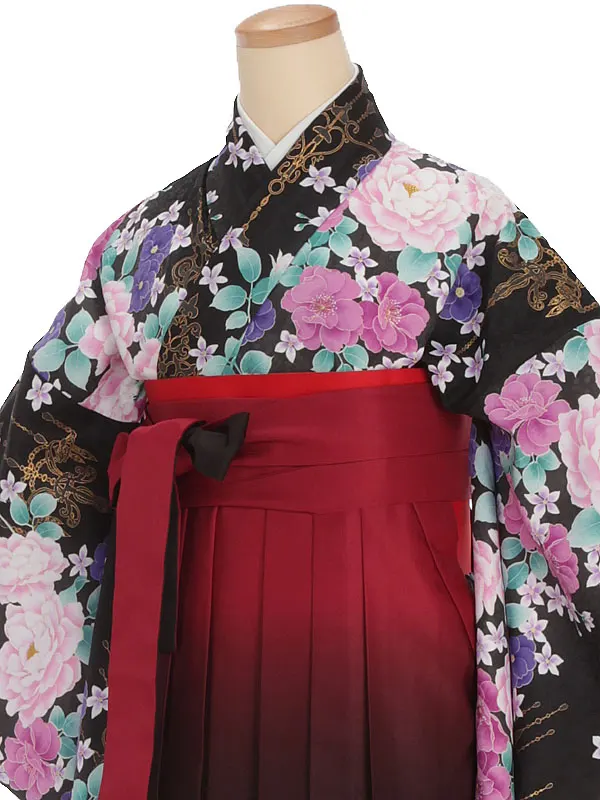 小学生卒業式袴レンタル 黒 芍薬×赤黒ぼかし袴 Z391