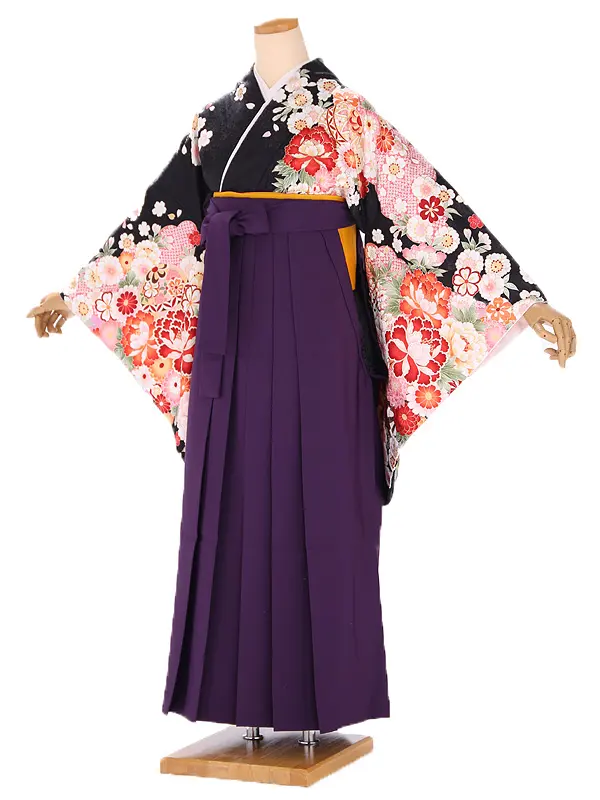 小学生卒業式袴レンタル 黒 菊に牡丹と桜×紫袴 Z392