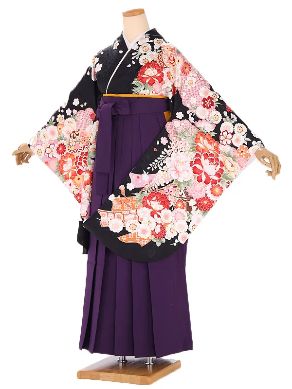 小学生卒業式袴レンタル 黒 菊に牡丹と桜×紫袴 Z392