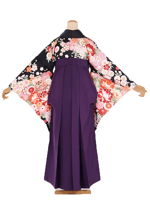 小学生卒業式袴レンタル 黒 菊に牡丹と桜×紫袴 Z392