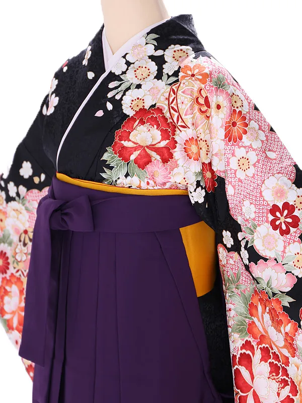 小学生卒業式袴レンタル 黒 菊に牡丹と桜×紫袴 Z392