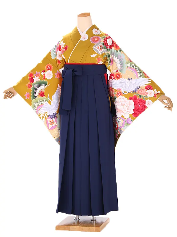 小学生卒業式袴レンタル 茶 四季花に鶴×紺袴 Z393
