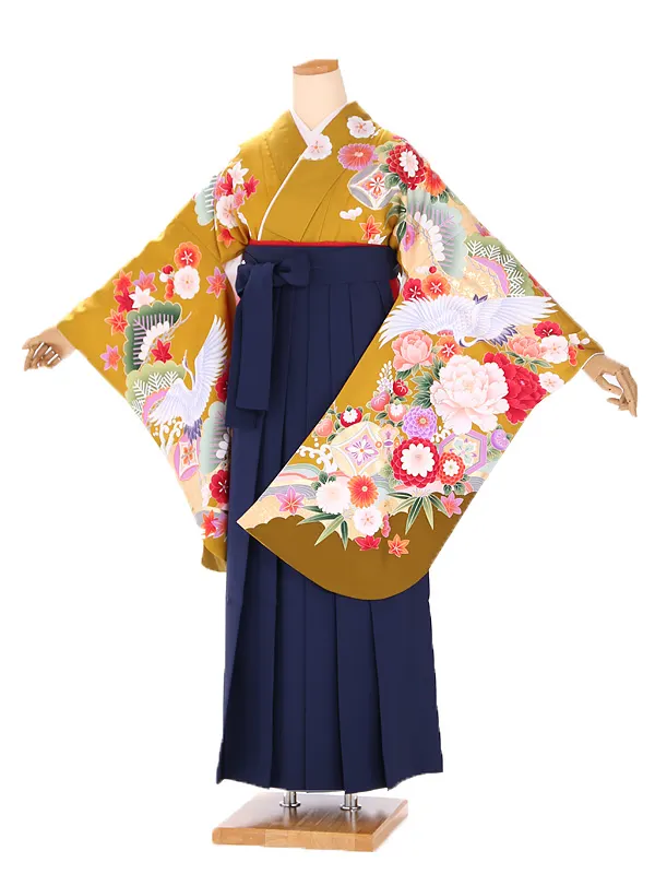小学生卒業式袴レンタル 茶 四季花に鶴×紺袴 Z393