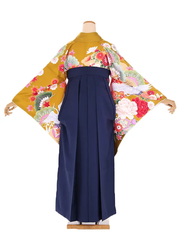 小学生卒業式袴レンタル 茶 四季花に鶴×紺袴 Z393