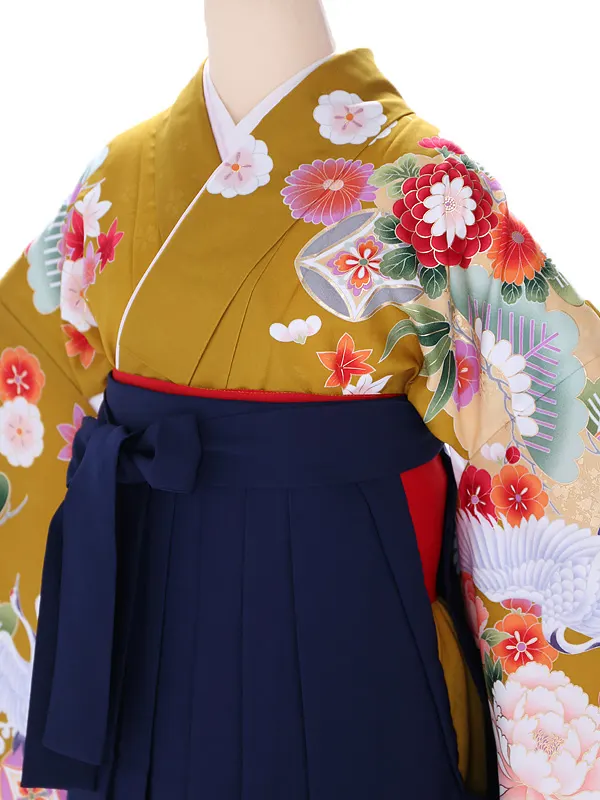 小学生卒業式袴レンタル 茶 四季花に鶴×紺袴 Z393