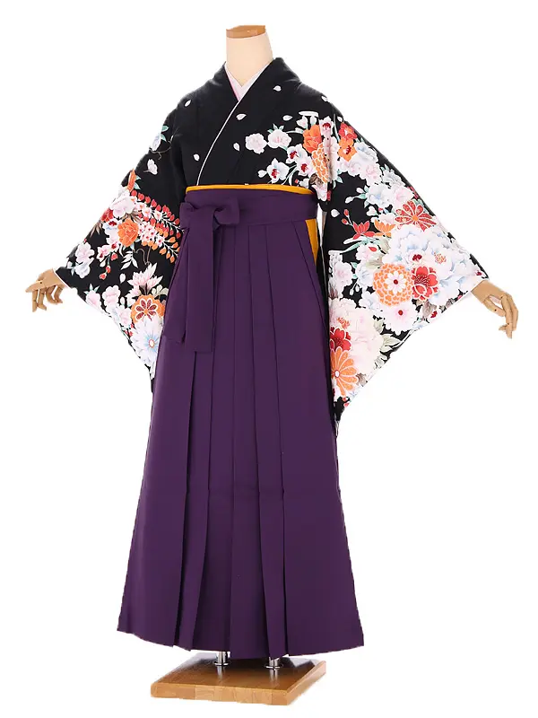 小学生卒業式袴レンタル 黒 菊に桜×紫袴 Z394