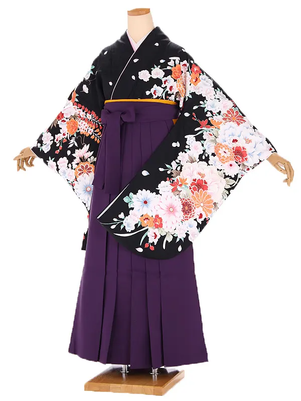 小学生卒業式袴レンタル 黒 菊に桜×紫袴 Z394