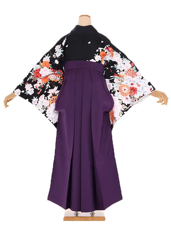 小学生卒業式袴レンタル 黒 菊に桜×紫袴 Z394