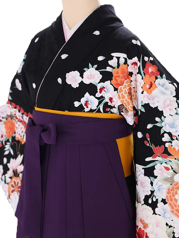 小学生卒業式袴レンタル 黒 菊に桜×紫袴 Z394