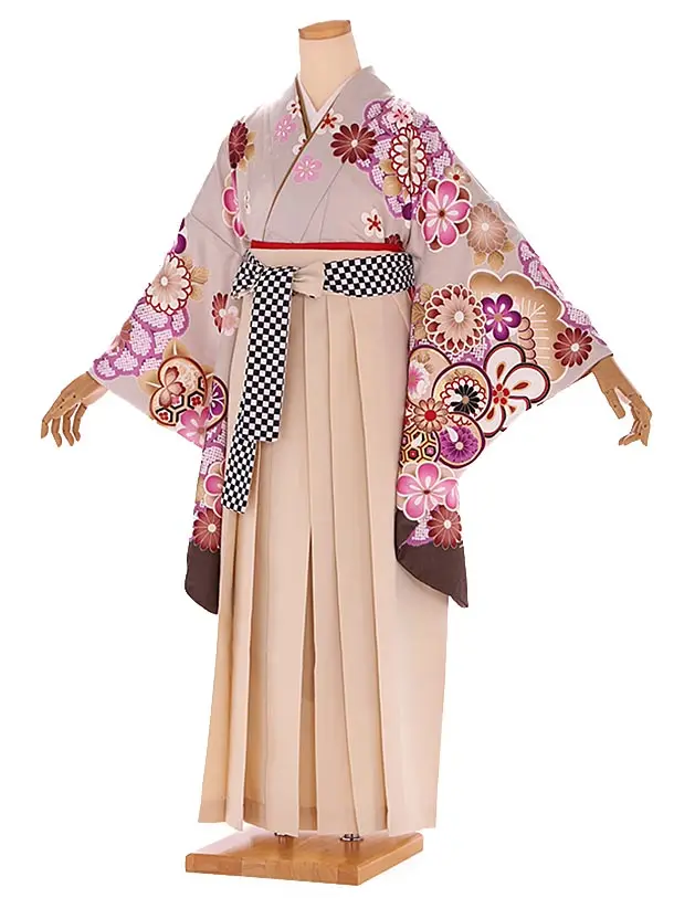 小学生卒業式袴レンタル グレー 菊に梅×ベージュ袴 Z395