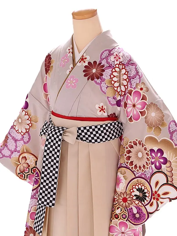 小学生卒業式袴レンタル グレー 菊に梅×ベージュ袴 Z395