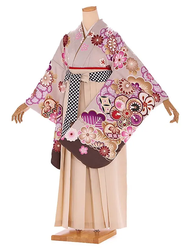 小学生卒業式袴レンタル グレー 菊に梅×ベージュ袴 Z395