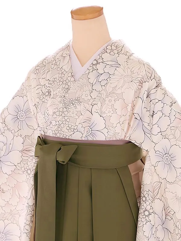 小学生卒業式袴レンタル ベージュ 芍薬×茶袴 Z397