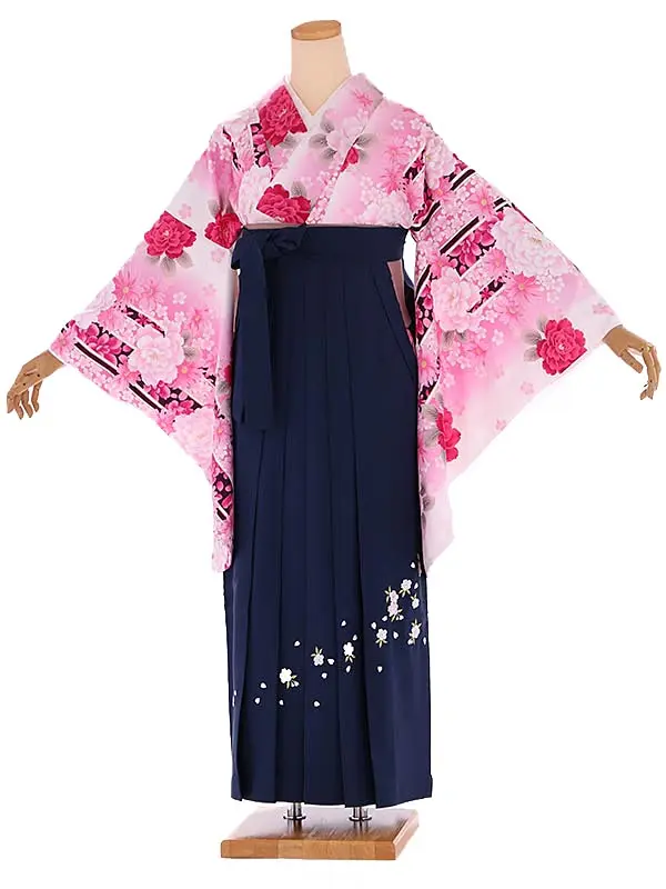 小学生卒業式袴レンタル 白 芍薬×紺刺繍袴 Z399