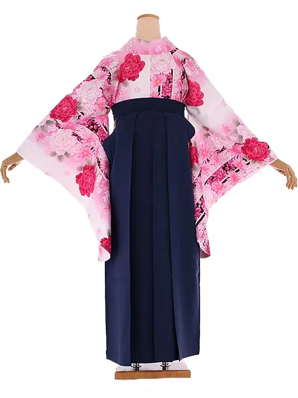 小学生卒業式袴レンタル 白 芍薬×紺刺繍袴 Z399