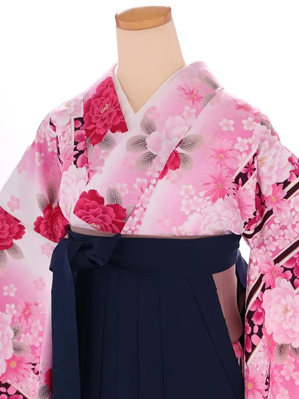 小学生卒業式袴レンタル 白 芍薬×紺刺繍袴 Z399