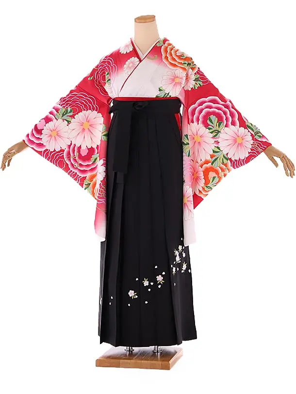 小学生卒業式袴レンタル 赤 菊×黒刺繍袴 Z400