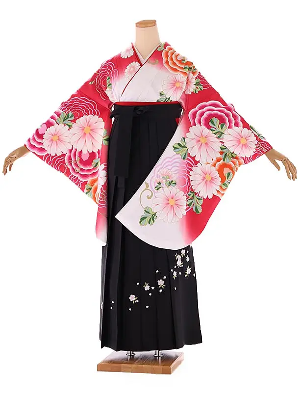 小学生卒業式袴レンタル 赤 菊×黒刺繍袴 Z400