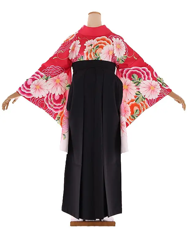 小学生卒業式袴レンタル 赤 菊×黒刺繍袴 Z400