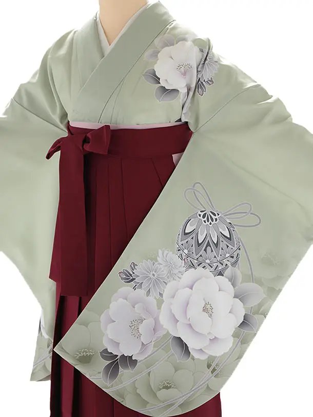 小学生卒業式袴レンタル 緑 芍薬に鞠×えんじ袴 Z401