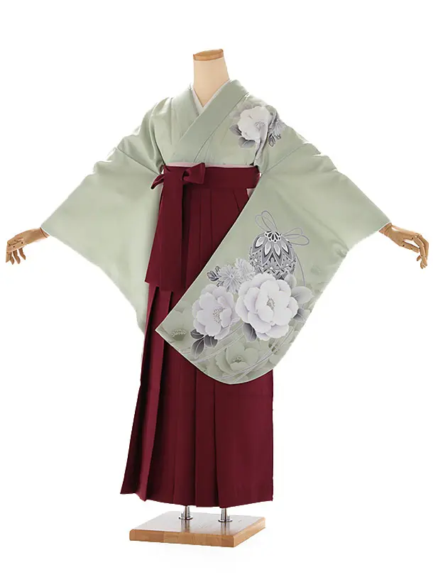 小学生卒業式袴レンタル 緑 芍薬に鞠×えんじ袴 Z401