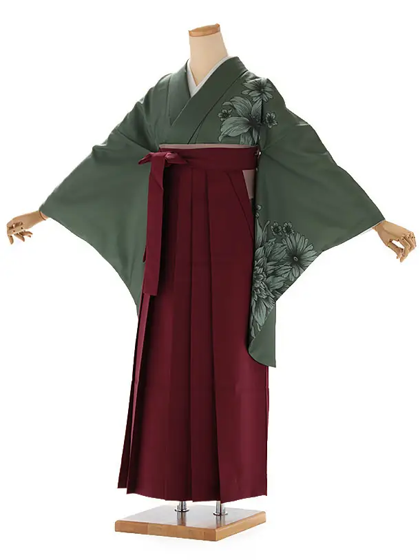 小学生卒業式袴レンタル 緑 菊×えんじ袴 Z402