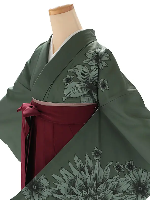 小学生卒業式袴レンタル 緑 菊×えんじ袴 Z402