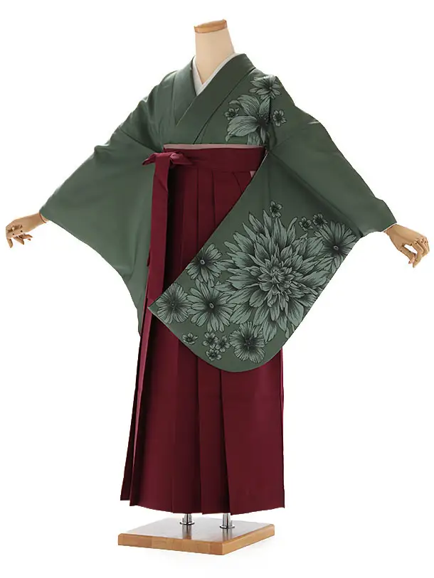 小学生卒業式袴レンタル 緑 菊×えんじ袴 Z402