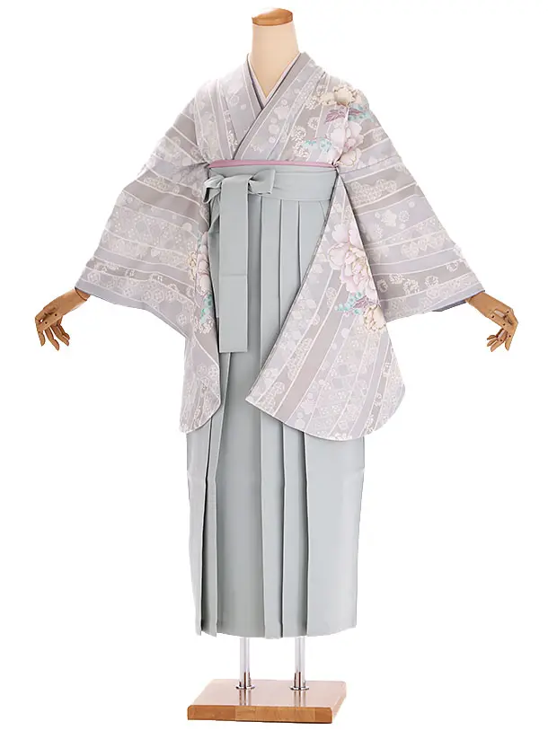 小学生卒業式袴レンタル グレー 牡丹×グレー袴 Z403