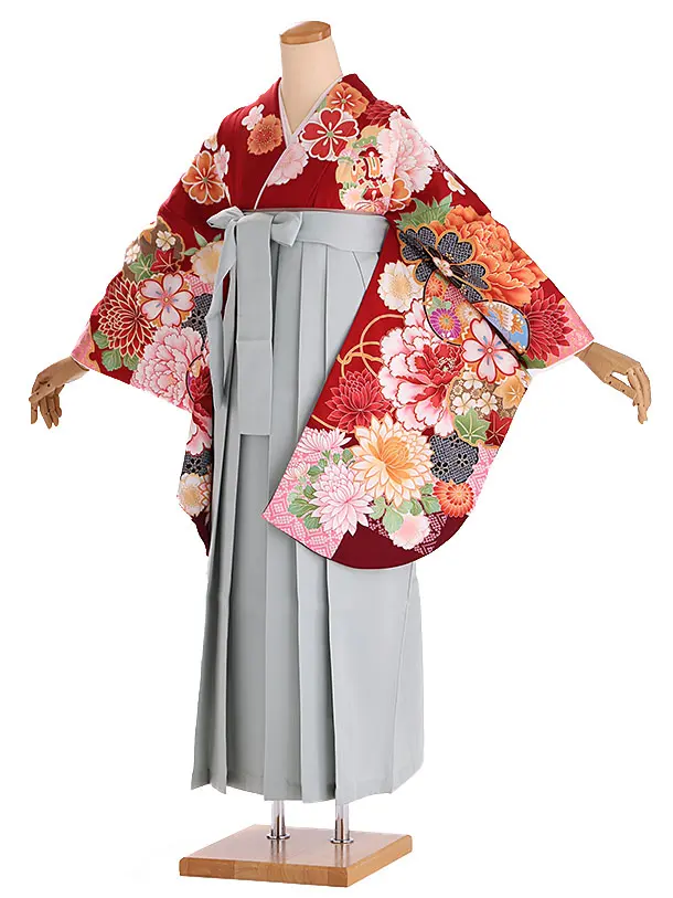 小学生卒業式袴レンタル 赤 菊に牡丹と桜×グレー袴 Z404