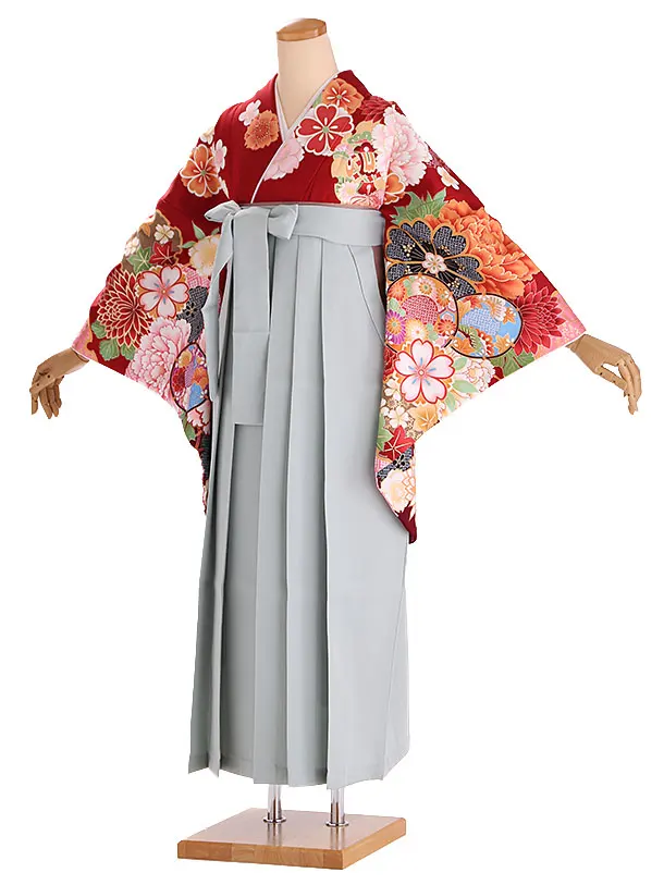 小学生卒業式袴レンタル 赤 菊に牡丹と桜×グレー袴 Z404