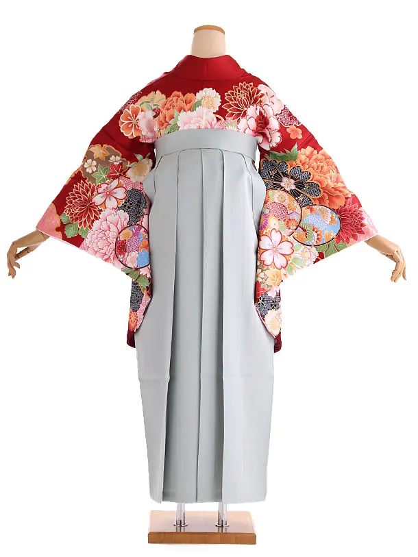 小学生卒業式袴レンタル 赤 菊に牡丹と桜×グレー袴 Z404