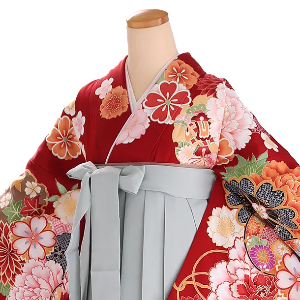小学生卒業式袴レンタル 赤 菊に牡丹と桜×グレー袴 Z404