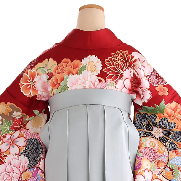 小学生卒業式袴レンタル 赤 菊に牡丹と桜×グレー袴 Z404