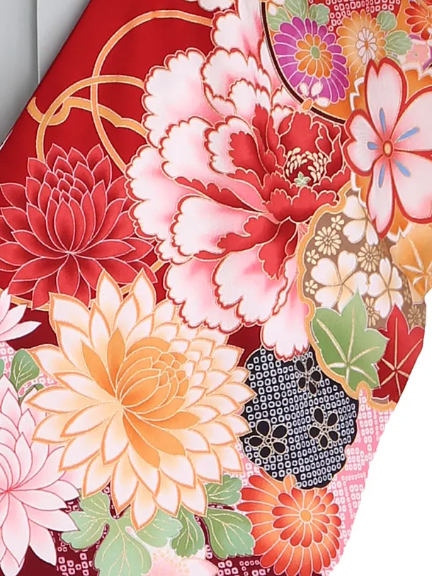 小学生卒業式袴レンタル 赤 菊に牡丹と桜×グレー袴 Z404