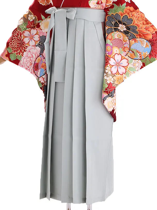 小学生卒業式袴レンタル 赤 菊に牡丹と桜×グレー袴 Z404