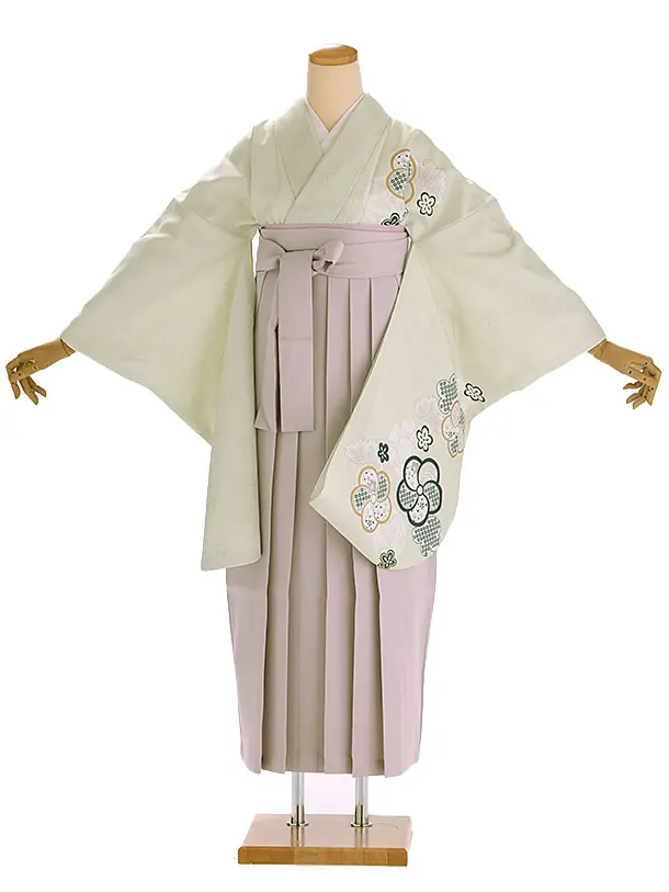 小学生卒業式袴レンタル 緑 梅×ベージュ袴 Z405