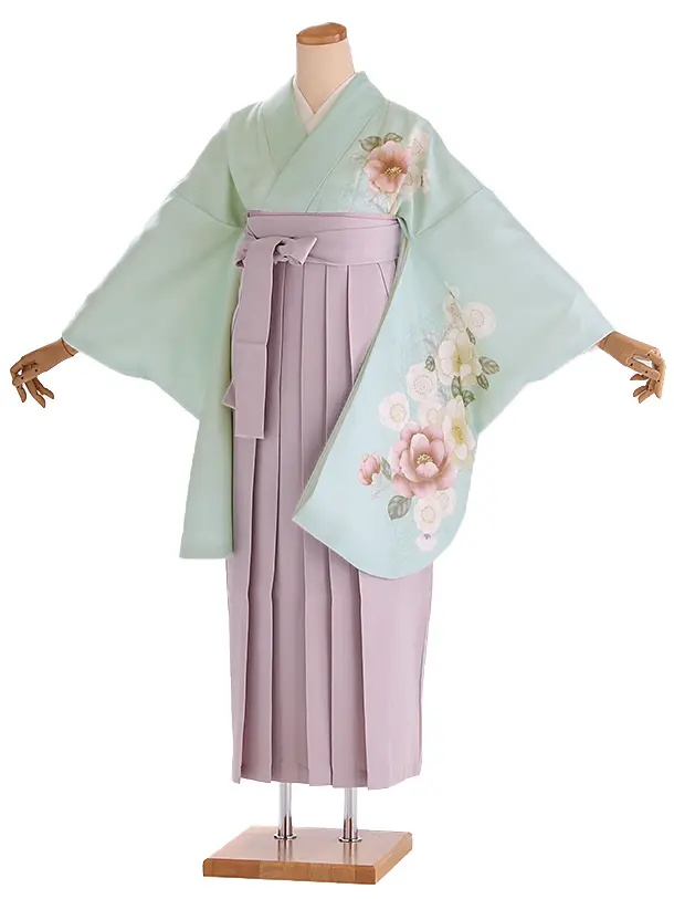 小学生卒業式袴レンタル 緑 芍薬に桜×ピンク袴 Z408
