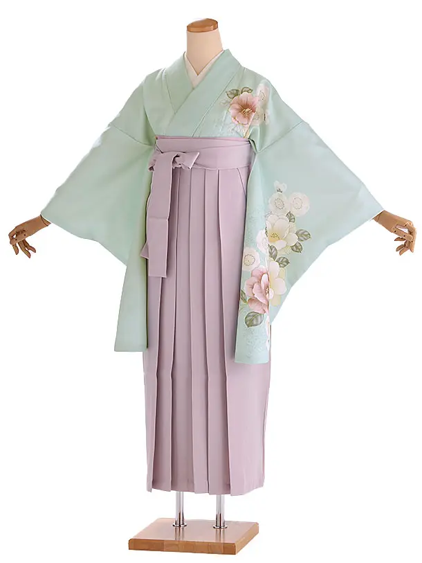 小学生卒業式袴レンタル 緑 芍薬に桜×ピンク袴 Z408