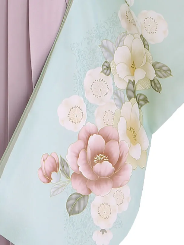 小学生卒業式袴レンタル 緑 芍薬に桜×ピンク袴 Z408