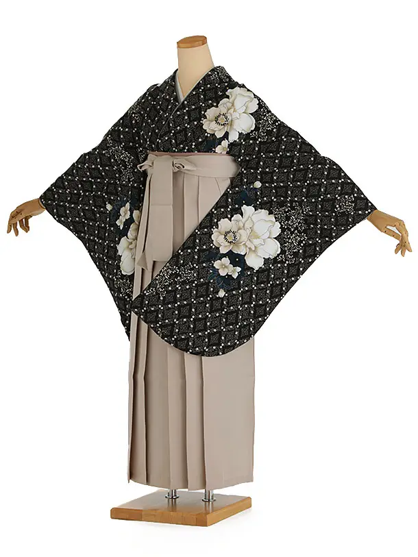 小学生卒業式袴レンタル 黒 八重桜×ベージュ袴 Z409