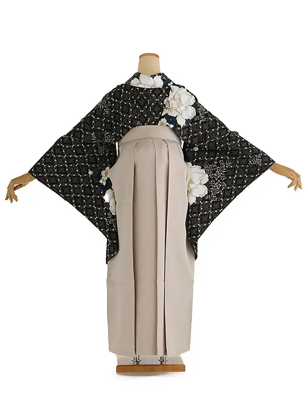 小学生卒業式袴レンタル 黒 八重桜×ベージュ袴 Z409