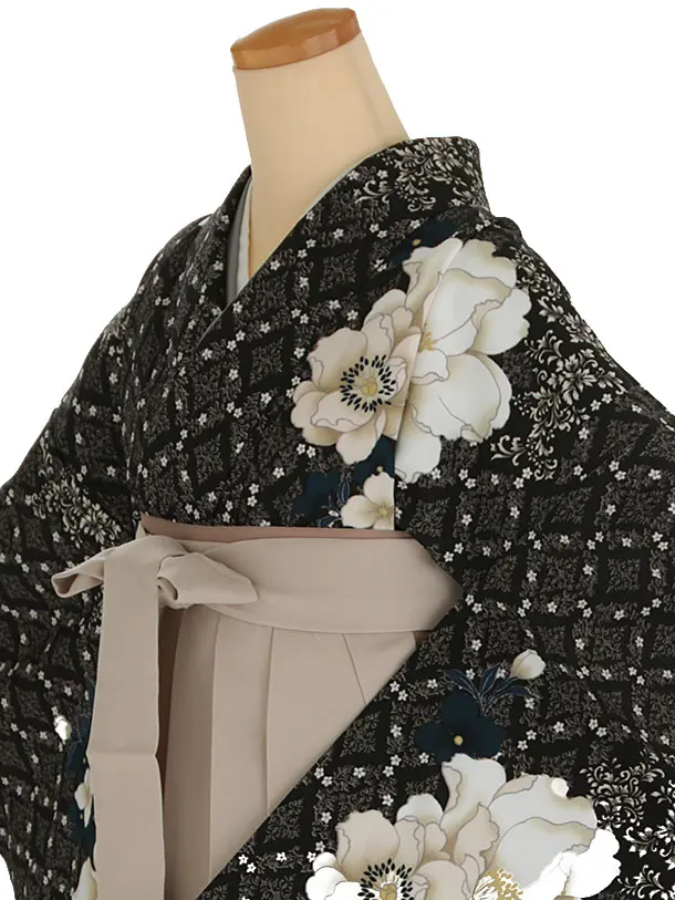 小学生卒業式袴レンタル 黒 八重桜×ベージュ袴 Z409