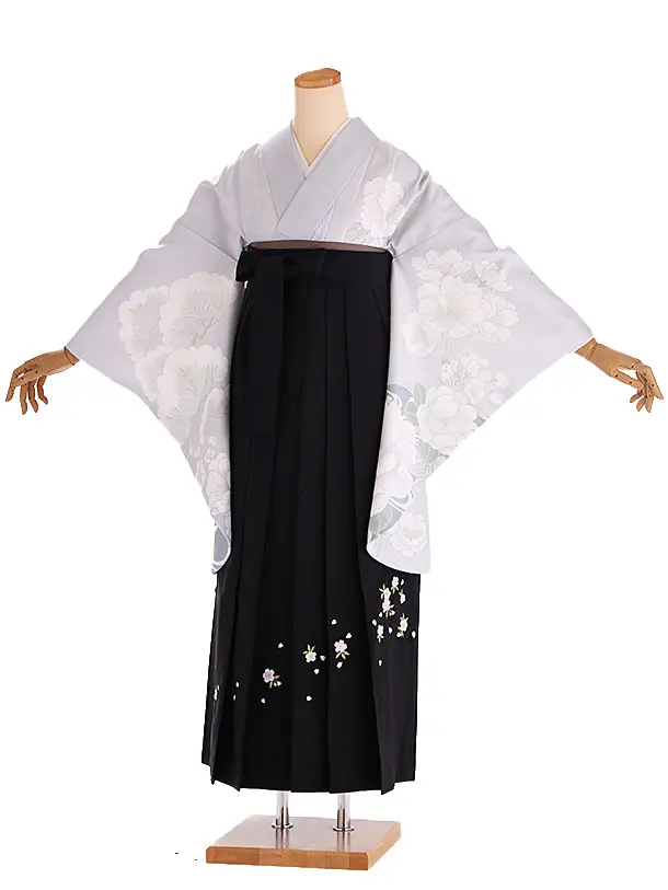 小学生卒業式袴レンタル グレー 桜に流水×黒刺繍袴 Z416