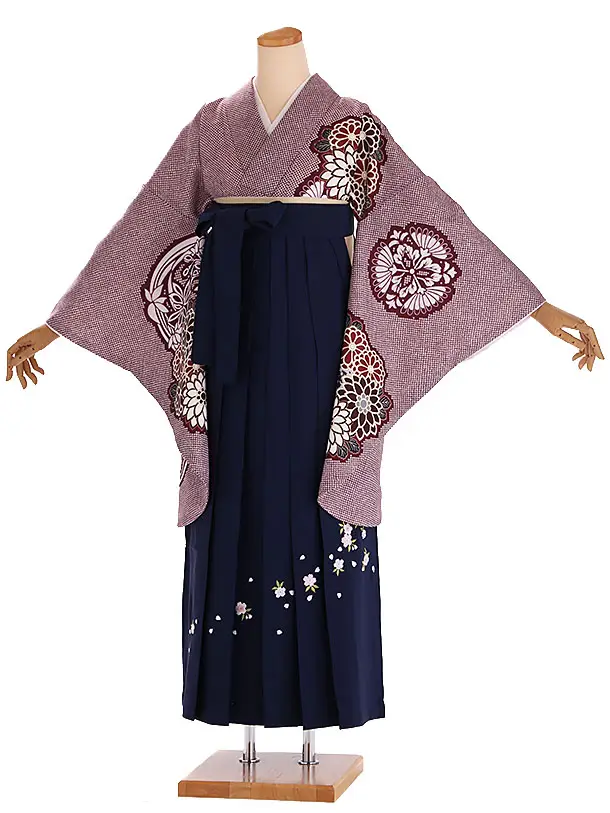 小学生卒業式袴レンタル 赤 鹿の子に華紋×紺刺繍袴 Z417