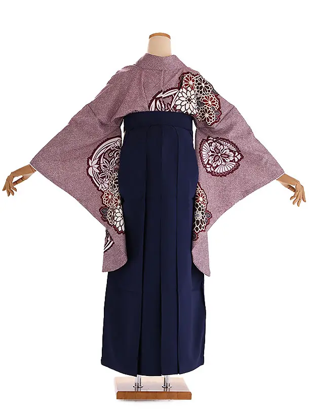 小学生卒業式袴レンタル 赤 鹿の子に華紋×紺刺繍袴 Z417