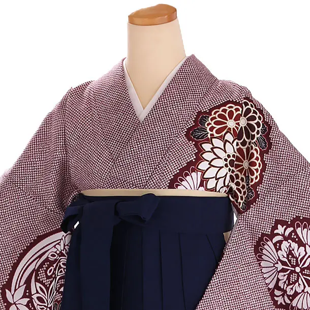 小学生卒業式袴レンタル 赤 鹿の子に華紋×紺刺繍袴 Z417