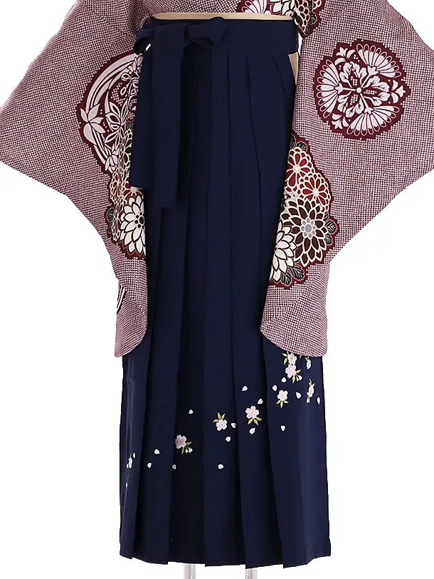 小学生卒業式袴レンタル 赤 鹿の子に華紋×紺刺繍袴 Z417