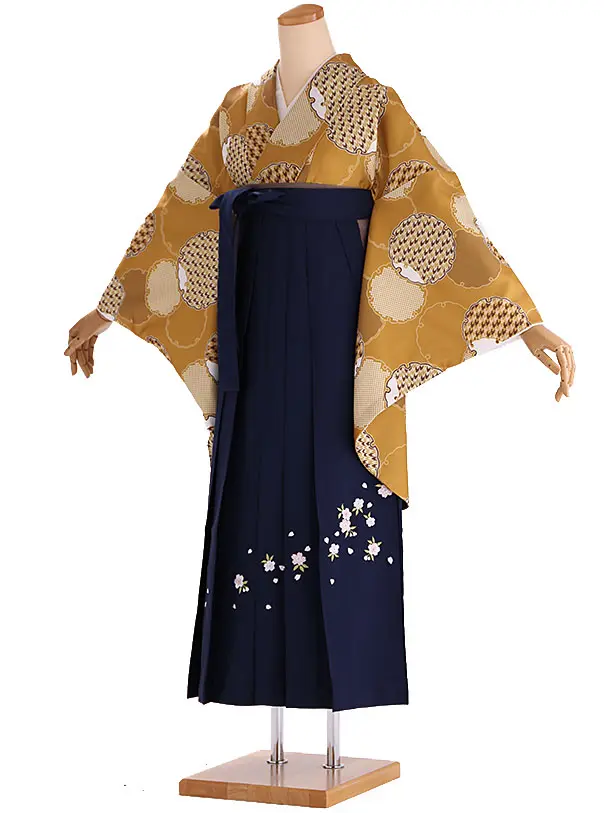 小学生卒業式袴レンタル からし 雪輪×紺刺繍袴 Z420