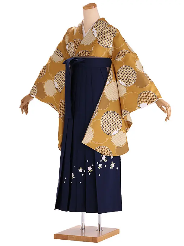 小学生卒業式袴レンタル からし 雪輪×紺刺繍袴 Z420